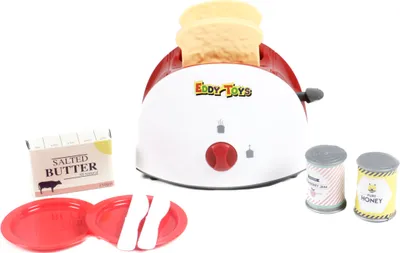 Produktbild von Kinder Toaster Spielzeug, Spielset von EDDY TOYs, 10 Teile mit 2-Schlitz-Toaster, Toast, 2 Teller plus Messer, Kunststoff, manueller Betrieb