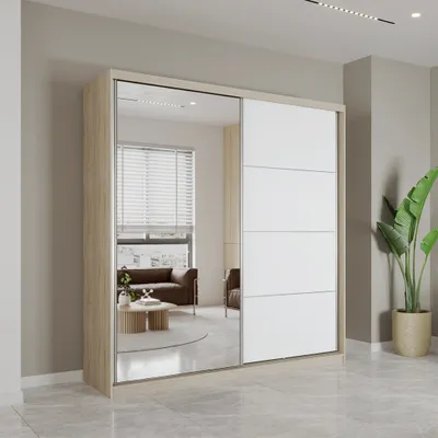 Produktbild von Schwebetürenschrank Kleiderschrank Schrank 203cm Sonoma/Weiß matt mit Spiegel und Zierleisten Pola 42 B