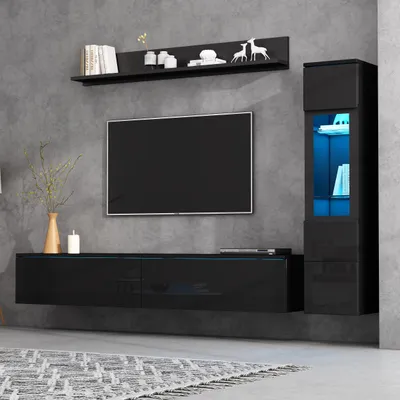 Zdjęcie produktu dla 3-częściowy zestaw ścienny TV Merax z oświetleniem LED, tablicą TV, witryną i półką wiszącą, do telewizorów o przekątnej do 80 cali, czarna szafka TV o wysokim połysku