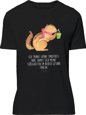 Produktbild von Mr. & Mrs. Panda T-Shirt Eichhörnchen Smoothie - Schwarz - Geschenk, Green Smoothies, mit Aufdruck, Lustige Sprüche, Shirt, Abnehmen, oberteil, Streifenhörnchen, Diät, S