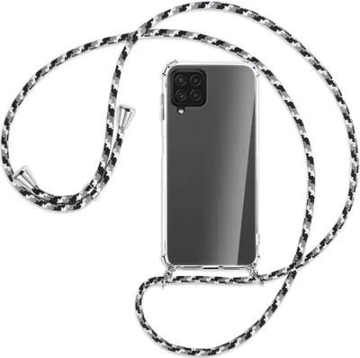 Produktbild von Handykette Backcover-Schutzhülle mit Band (Metall silberfarben) für Samsung Galaxy A22 4G (A225) - schwarz/grau/weiß