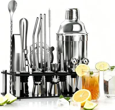 Image de Ensemble de cocktails - Coffret de 20 pièces - 750 ml - Acier inoxydable - Socle en acrylique - Accessoires professionnels pour bartender, idéal pour la préparation de cocktails