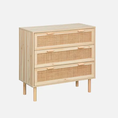 Produktbild von sweeek - Kommode mit 3 Schubladen, Rattan-Geflecht und Holzdekor - Natur