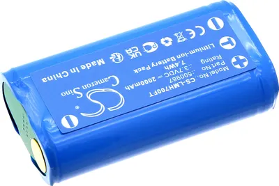 A blue lithium-ion battery pack with white text and logos.