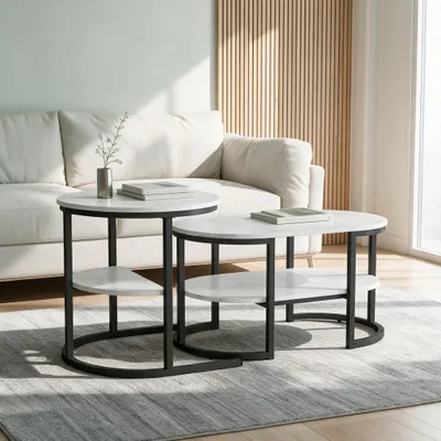 Image de INONEFT, ensemble de 2 tables basses, une ronde et une rectangulaire, avec espace de rangement double. Tables d'appoint pour salon, chambre, balcon, de couleur noire
