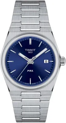 A Tissot PRX watch with a blue dial and a stainless steel bracelet, presented on a white background.