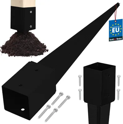 A black metal ground anchor for posts, with a pointed end for insertion into the ground, and a square socket for a post. Several screws are shown, along with a small pile of soil and a wooden post fragment. A "Made in EU" tag is visible.