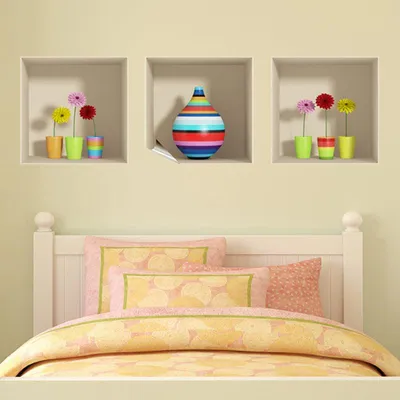 Image de Autocollant à effet 3D avec des fleurs multicolores et un vase, 30 x 90 cm