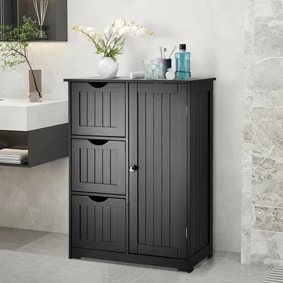 Immagine prodotto di Mobile da bagno a colonna, con 3 cassetti e un'anta, mobile da bagno salvaspazio, cassettiera da salotto 60 x 30 x 81 cm (nero)