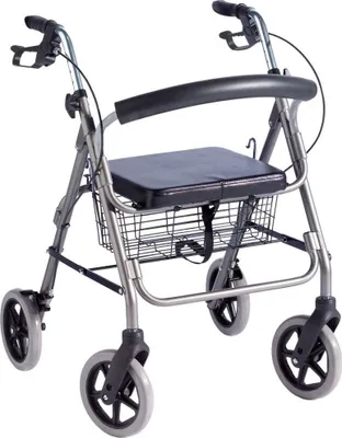 A rollator walker with a seat and basket, shown against a white background.