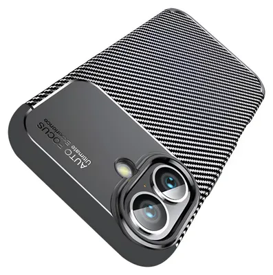 A close-up of a smartphone case with a carbon fiber pattern and a camera module.
