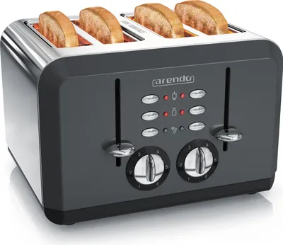 A four-slice toaster with bread inside, shown from a front-facing angle on a white background.