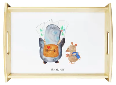 Produktbild von Mr. & Mrs. Panda Serviertablett Pinguin & Maus Wanderer - Weiß - Geschenk, Abenteuer, Dekotablett, Wandern, Tablett, sofatablett, Sofa, Abenteurer, Servier
