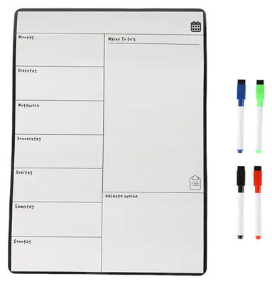 Produktbild von Relaxdays Speiseplan Wochenplaner, HxB: 42 x 30 cm, magnetisch, abwischbar, 4 Marker, Whiteboard für Kühlschrank, weiß
