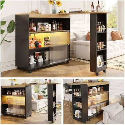 Productafbeelding van Famanu bartafel met opbergruimte - Uitschuifbaar en verplaatsbaar - Met LED-verlichting - Zwart (138-204 x 39 x 105 cm)