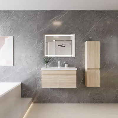 Produktbild von 80cm Mineralguss Waschtisch mit Unterschrank Badmöbel Set mit Türs Soft-close - Eiche Matt