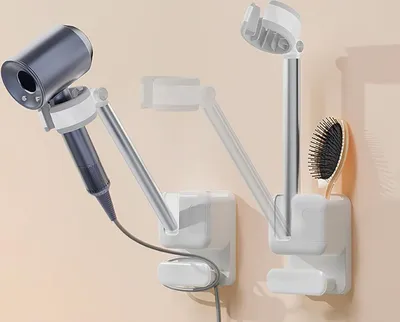 Produktbild von Föhnhalter Wand Ohne Bohren, Haartrocknerhalter für Haartrockner und Haarglätter, 60° verstellbar, Kabelhalter zur Wandmontage, Selbstklebender föhn Halterung für Badezimmer (weiß)