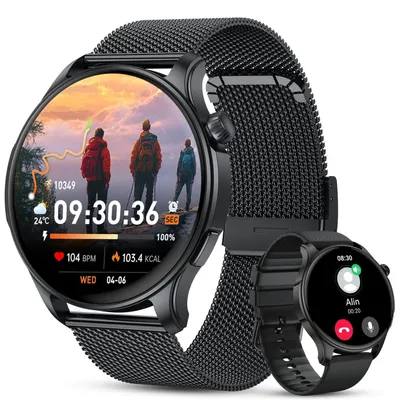 Zdjęcie produktu dla Inteligentny zegarek męski/damski z funkcją telefonu, Bluetooth, odbieranie połączeń, wodoodporny, monitor tętna, monitor snu, sportowy zegarek, czarny