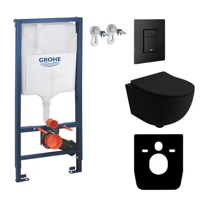 Produktbild von GROHE Vorwandelement Solido + Wand Hänge WC Brava Schwarz Spülrandlos + WC-Sitz SoftClose | Schwarzer Knopf | Komplettset | Unterputz Spülkasten | Toilette Komplett Sett
