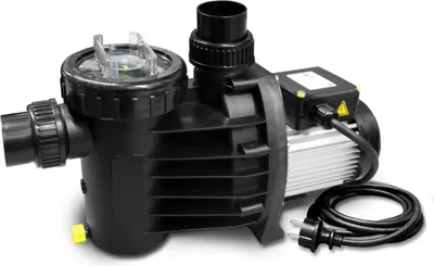 A black and silver pool pump with a power cord and plug on a white background.