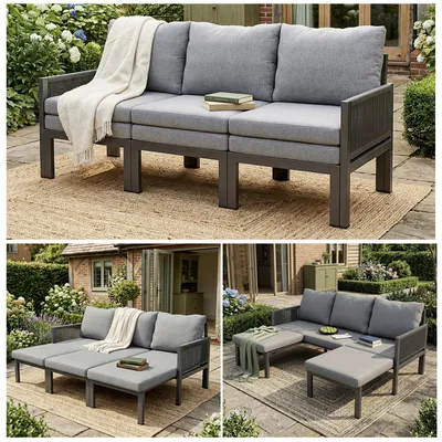 Image de Ensemble de mobilier de jardin extensible Flieks pour 3 à 5 personnes, chaises longues et fauteuils de jardin avec coussins, ensemble de salon de jardin avec structure en fer, gris