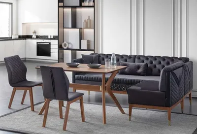 Immagine prodotto di Set da pranzo nero e marrone Panca angolare Chesterfield Tavolo da pranzo di design