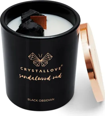 Obrázok produktu pre Sójová sviečka CRYSTALLOVE s čiernym obsidiánom - santalové drevo oud, 400 g