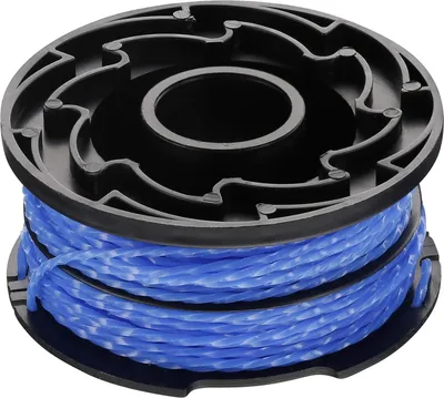 A spool of blue trimmer line on a black plastic spool.
