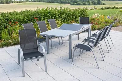 Produktbild von Merxx 9tlg. Amalfi Gartenmöbelset, schwarz - 8 Sessel, 1 Tisch - Farbe: schwarz - Maße: Sessel: 75x57x95 Tisch: 160/220x90x75; 8x 26310-317 + 1x 26452-219