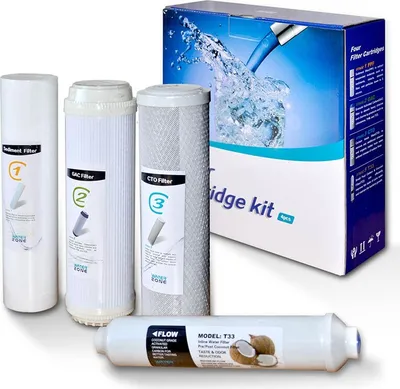 A set of water filter cartridges and their packaging are displayed on a white background.