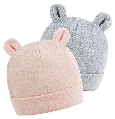 Imagen del producto de Paquete de 2 gorros para bebé, a rayas, de algodón, con orejas de osito, para niños y niñas
