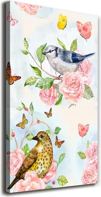 Imagen del producto de Tulup Lienzo® - 70x140 cm - Obra de arte para pared - Impresiones sobre lienzo - Impresión en lienzo - Decoración de pared para salón de gran tamaño - Decoración para el hogar, impresiones artísticas - Animales - Multicolor - Pájaros, mariposas y rosas