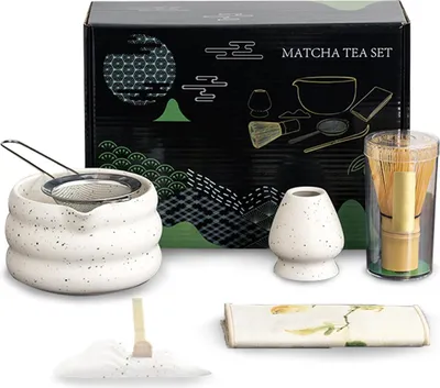 Image de 7 pièces Matcha Set, Matcha Balai, Matcha Bol avec bec verseur, Matcha Thé Set avec accessoires pour la cérémonie traditionnelle du Matcha Inclus Matcha Bowl, Matcha Balai, Matcha Tamis et plus,Blanc