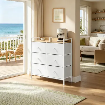 Produktbild von Stabiler Flurschrank Retro-Design 6 Stoffschubladen Kommode mit Metallrahmen Industrie-Design Beistellschrank Belastbar 50kg Verstellbare Fš¹?e