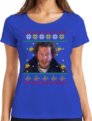 Produktbild von Marv Kevin Allein Zuhause - Weihnachtsgeschenk Ugly Christmas Sweater Weihnachten Damen T-Shirt, Blau, L