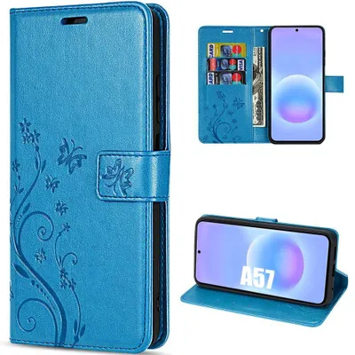 Image de Coque pour Samsung Galaxy A57 5G, Protection Rabat Anti-Rayures Synthécuir Relief Floral - Bleu