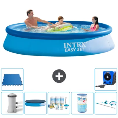 Produktbild von Intex runder aufblasbarer Easy Set-Schwimmpool – 366 x 76 cm – Blau – inklusive Pumpe Abdeckung - Wartungspaket - Filter - Reinigungskit - Bodenfliesen - Wärmepumpe