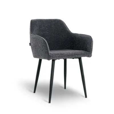 Produktbild von Lina® Diamond Esszimmerstuhl Bouclé Schwarz mit Armlehnen – Stilvoller Stuhl für Esszimmer, Büro und Küche mit schwarzen Metallbeinen