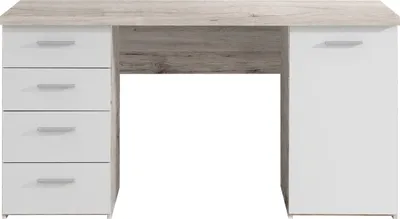 A desk with drawers and a cabinet.