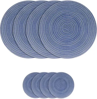 Produktbild von PolkaHome® Gewebte runde Platzsets Set, 4 Stück 38 cm Baumwoll-Platzsets und 4 Stück 11 cm Untersetzer, hitzebeständige waschbare