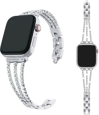 Produktbild von Stravo Luxe Damen-Uhrenarmband mit Strass – Edelstahl-Gliederarmband für Apple Watch 49 mm Ultra 1/2/3, 46/45/44 mm Serien 4–11/SE – Silber