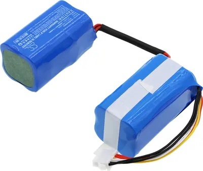 Two blue battery packs connected by wires, isolated on a white background.