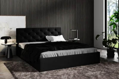 Produktbild von GUTTO Čalúnená posteľ Manželská posteľ 140 x 200 Velvet - s úložným boxom, úložným priestorom a kovovým roštovým rámom Pohodlné čelo postele čierna