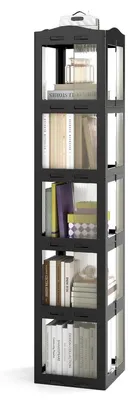 Image de Étagère tournante pour livres, 5 niveaux, noire, pliable, avec façade transparente, rotation à 360°