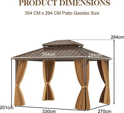 Produktbild von GOPLUS Gardenpavillon 3,54 x 2,94 m, Hardtop Pavillon wasserabweisend & Winterfest, Garten Pavillon mit Doppeldach aus verzinktem Metall, Braun