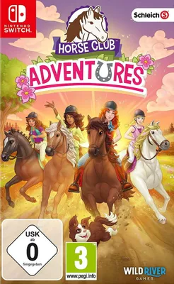 The cover art for the Nintendo Switch game 'Horse Club Adventures', featuring several young girls riding horses in a scenic outdoor setting.