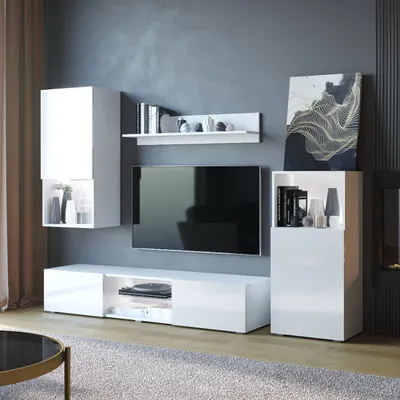 Produktbild von Wohnwand LOFT weiß hochglanz mit Standvitrine, Hängevitrine, Wandregal und TV Lowboard