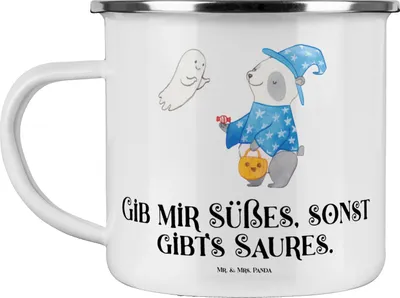 Produktbild von Mr. & Mrs. Panda Teetasse Panda Zauberer - Weiß - Geschenk, Kaffeepott, Halloween Deko, Emaille Tasse, Trick Or Treat, Becher, Pott, Teebecher, Dekoration, Gespenst