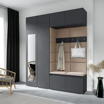 Produktbild von Garderoben-Set NIKOLA Kleiderschrank mit Polsterplatten, Schuhschrank und Schrankaufsatz 90cm Ideal für Flur und Eingangsbereich (Graphit, Trinity 04)
