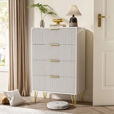 Image de Commode avec 4 tiroirs, blanche, dimensions 60x30x95 cm, imitation marbre, motif ondulé, poignées dorées